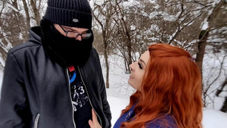 She bared her breasts in front of a passerby in a winter park and teased his cock with her juicy lip