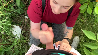 public outdoor blowjob with creampie from shy girl in the bushes - Olivia Moore.mp4