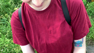 public outdoor blowjob with creampie from shy girl in the bushes - Olivia Moore.mp4