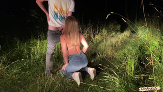 An obedient slut on her knees public sucks my cock and eats cum in the forest.mp4