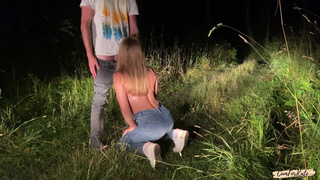 An obedient slut on her knees public sucks my cock and eats cum in the forest.mp4
